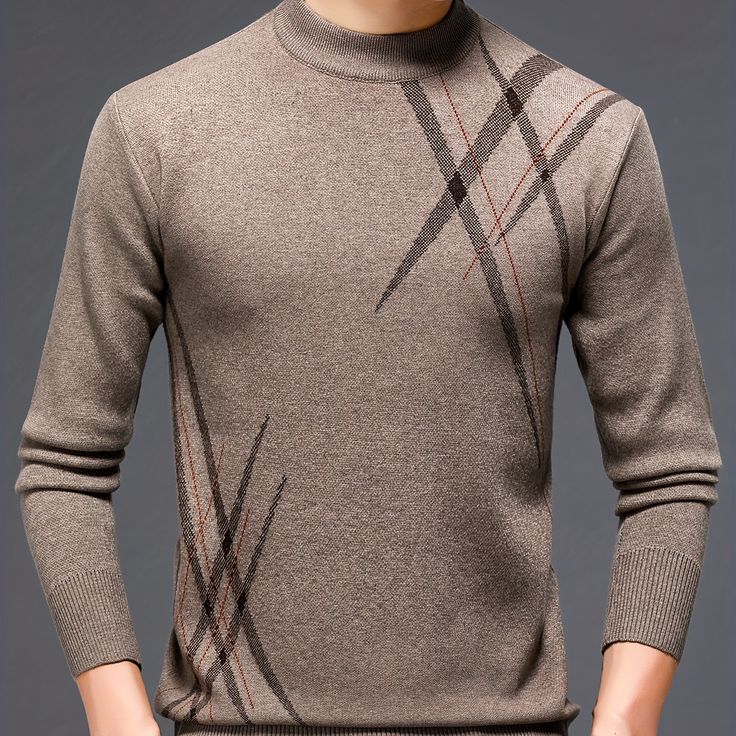 Men's Stylish Geometric Pattern Knitted Pullover, Casual Breathable Long Sleeve Half Turtle Neck Top