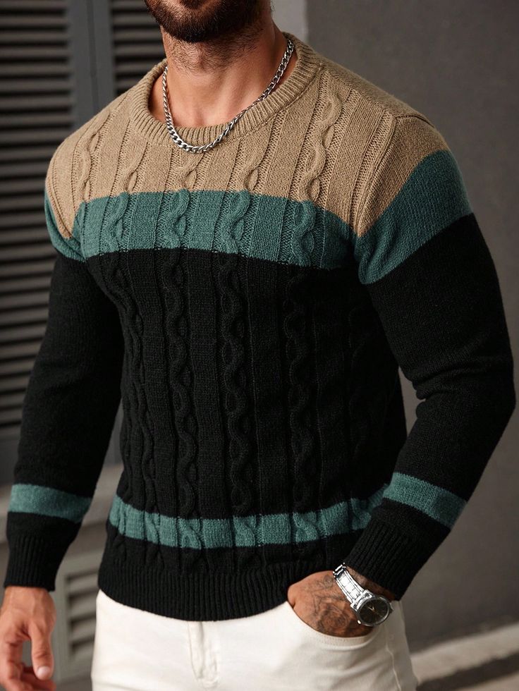 Men Crew Neck Sweater, Long Sleeve Knit Pullover For Casual Wear